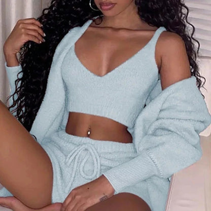 3pc Women's Cozy Pajama Set - Crop Top & Shorts Loungewear