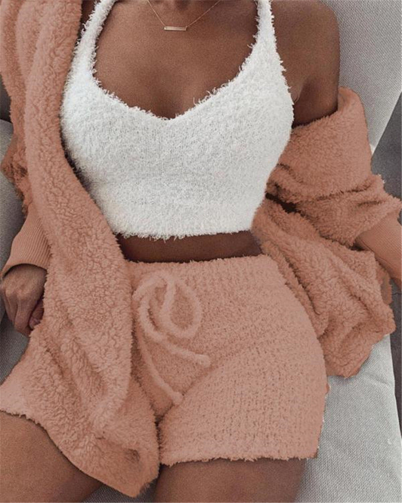 3pc Women's Cozy Pajama Set - Crop Top & Shorts Loungewear