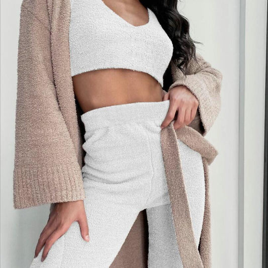 3pc Women's Cozy Pajama Set - Crop Top & Shorts Loungewear