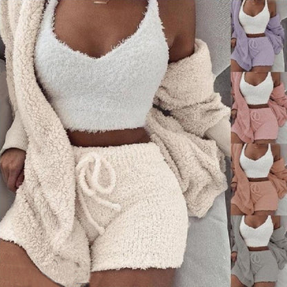 3pc Women's Cozy Pajama Set - Crop Top & Shorts Loungewear