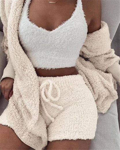 3pc Women's Cozy Pajama Set - Crop Top & Shorts Loungewear