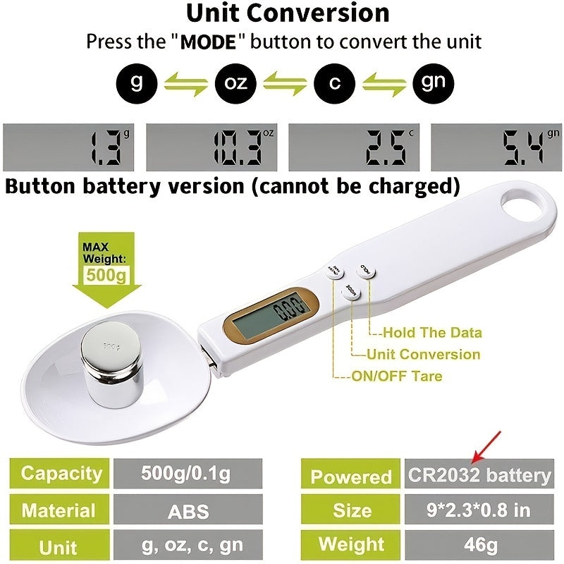 AccuMeasure Digital Kitchen Scale Spoon: LCD Display, 0.1g-500g Precision for Cooking and Baking