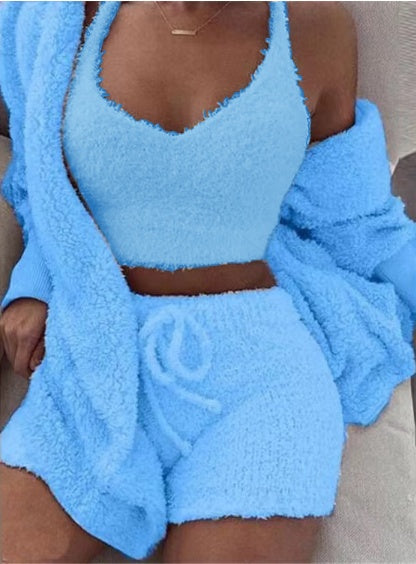 3pc Women's Cozy Pajama Set - Crop Top & Shorts Loungewear