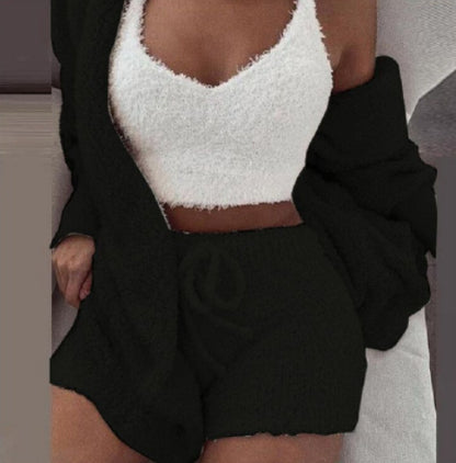 3pc Women's Cozy Pajama Set - Crop Top & Shorts Loungewear