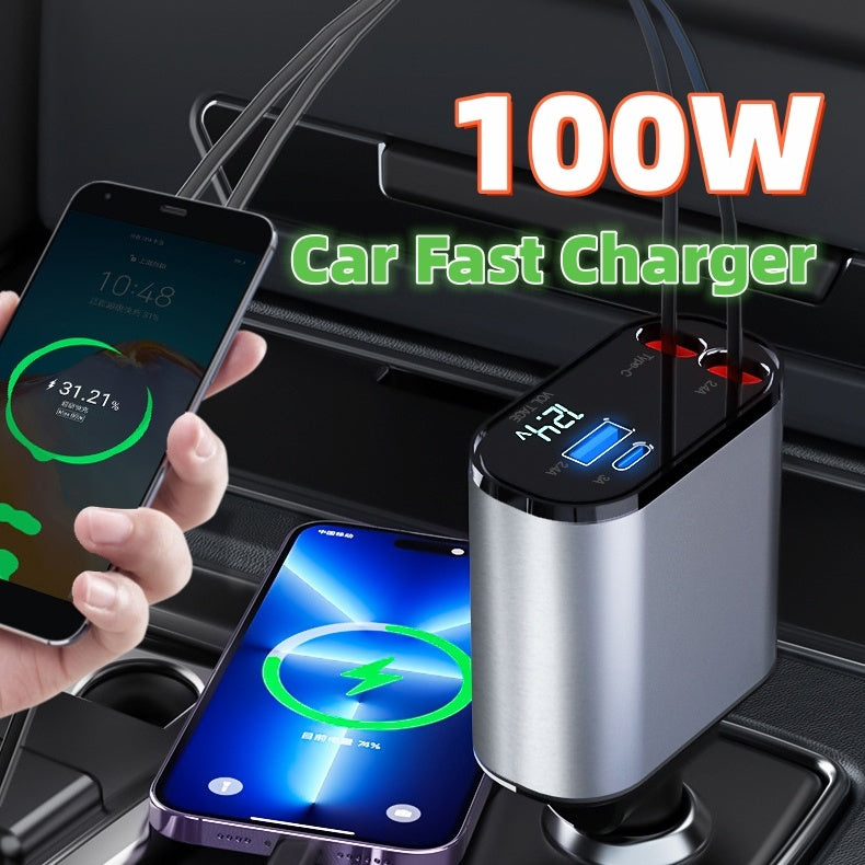 High-Speed 100W Car Charger: USB & Type-C Ports, Cigarette Lighter Adapter