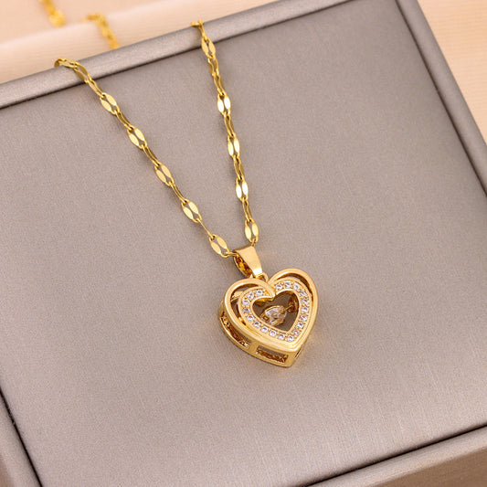 Stunning Double-Layer Love Necklace: Titanium Steel, Rhinestones, Perfect Valentine's Day Gift for Her